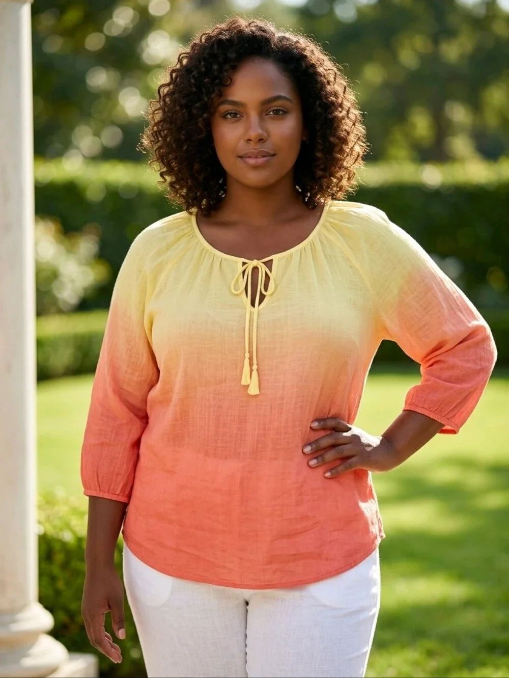 Yellow Ombre Chiffon Blouse Tie Neck Breezy Boho Sunset Top Large Resort Chic